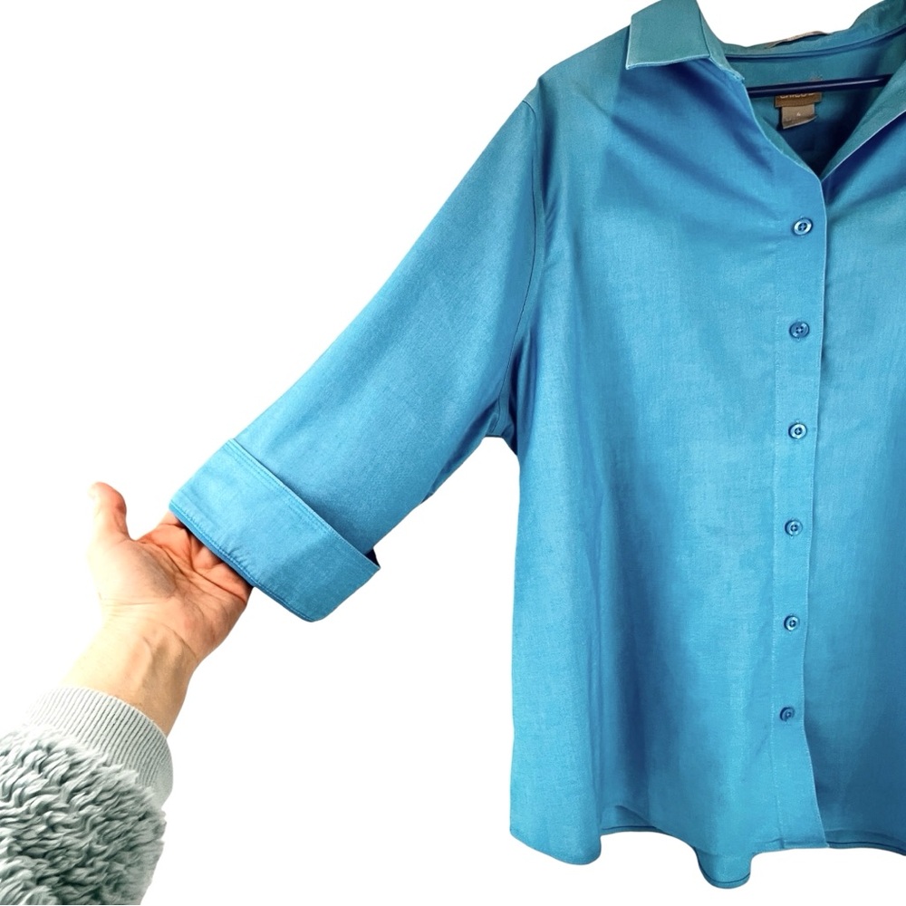 Chico's No Iron Cotton Twill Button-Up Shirt 3/4 Sleeve Collared Blue Sz 4 / 20 - Picture 6 of 10